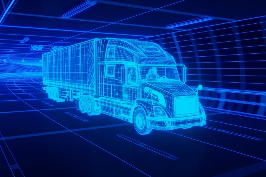 Digital commercial truck outlined in blue