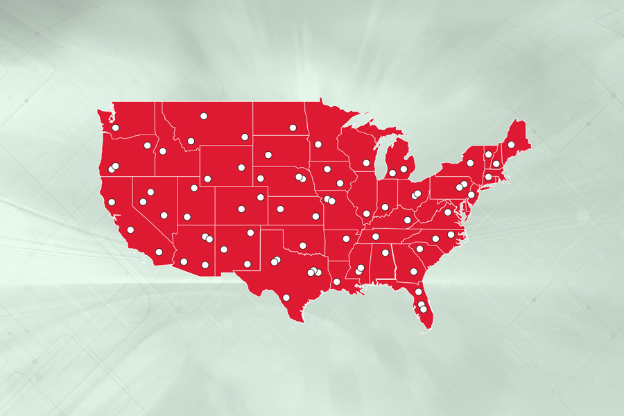 US map with locations pinned for Ryder final mile logistics centers Hub Model