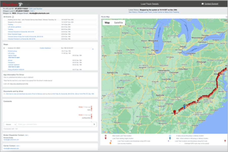 web page of us map tracking route for freight shipment